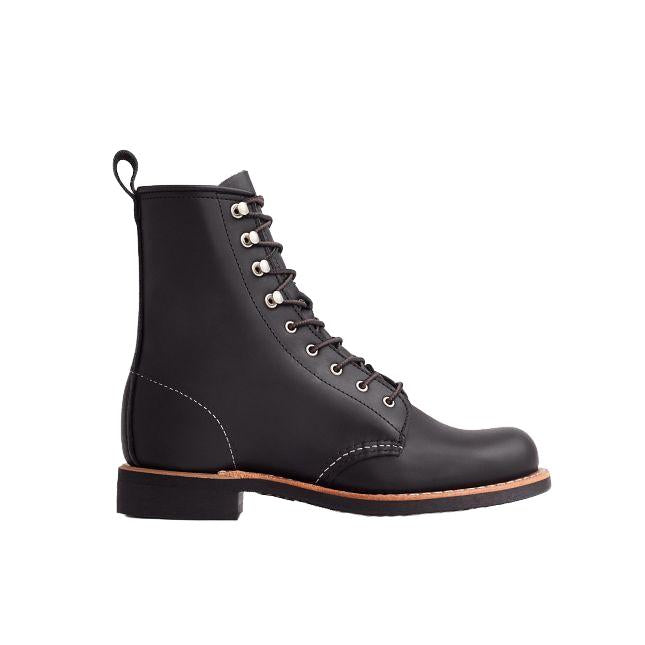 Red Wing Silversmith women's lace-up boot in black Boundary leather with speed hooks and a durable mini-lug outsole.
