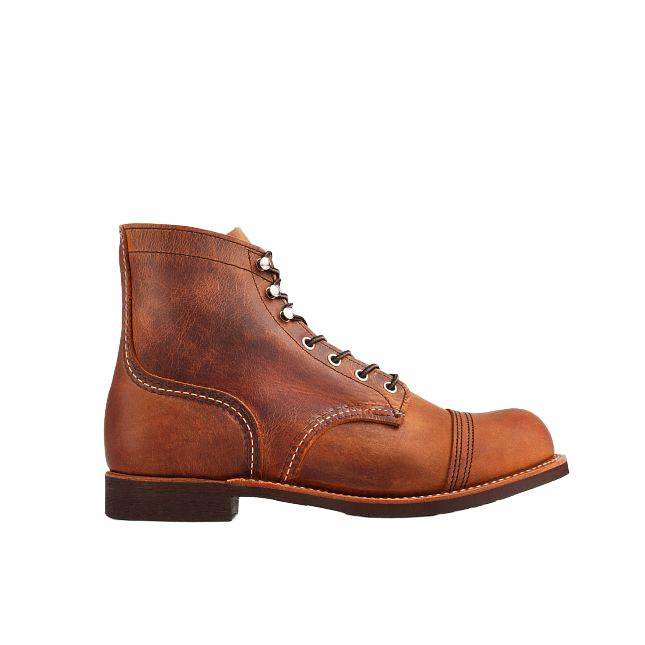 Red Wing Iron Ranger 6-inch boot in Copper Rough & Tough leather with a cap toe, brass speed hooks, and Vibram outsole.