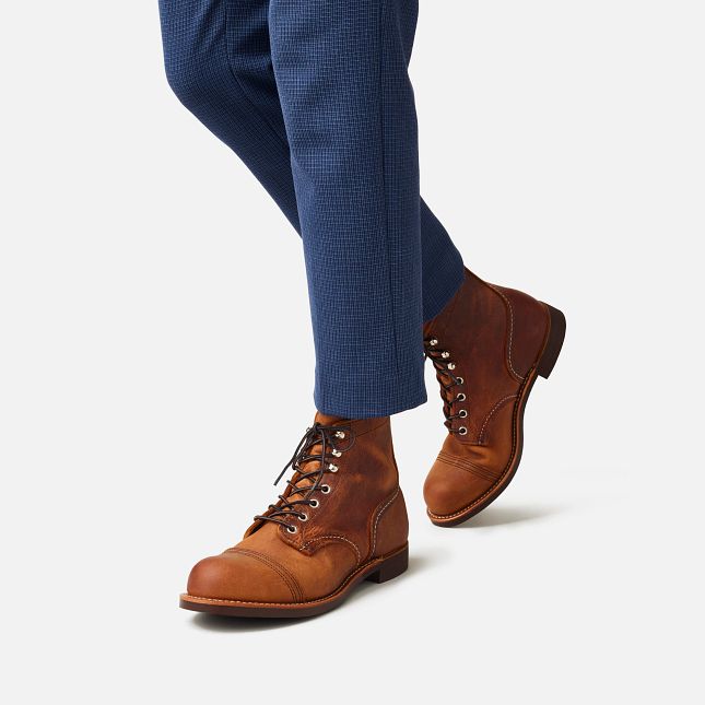 Red Wing Iron Ranger 6-inch boots in Copper Rough & Tough leather featuring a toe cap, brass speed hooks, and Vibram outsole.