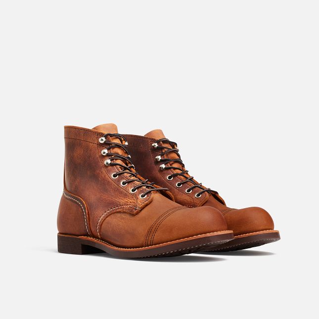 Red Wing Iron Ranger 6-inch boot in Copper Rough & Tough leather with a toe cap, brass speed hooks, and Vibram outsole.