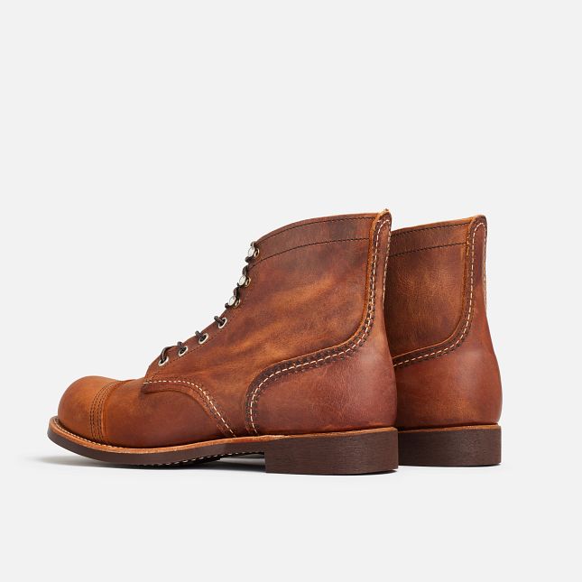 Red Wing Iron Ranger 6-inch boot in Copper Rough & Tough leather with a toe cap and brass speed hooks.