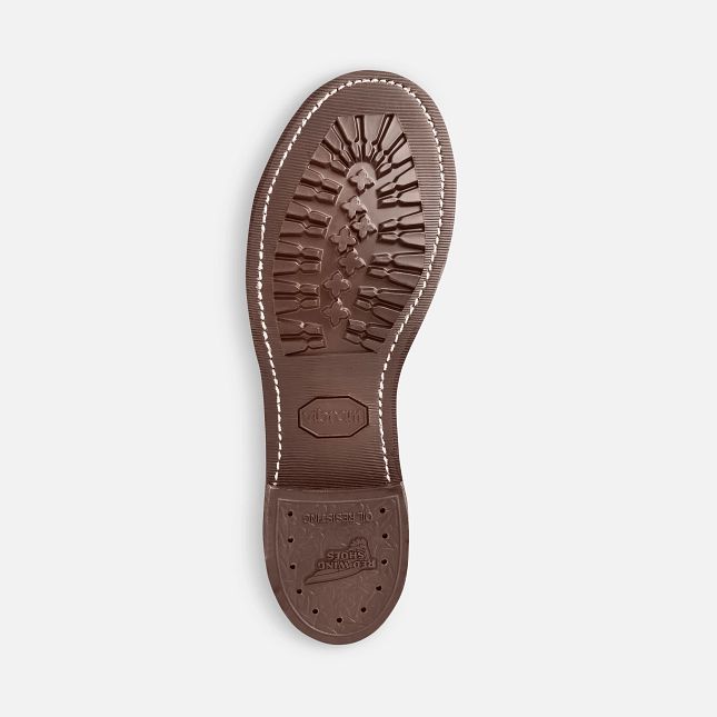 Brown Vibram 430 Mini-lug outsole on a Red Wing Iron Ranger boot with visible Goodyear welt stitching.