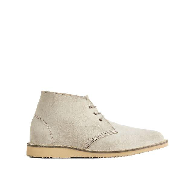 Red Wing Weekender Chukka boot in White Sand Mohave suede leather with a flat, lightweight crepe sole.