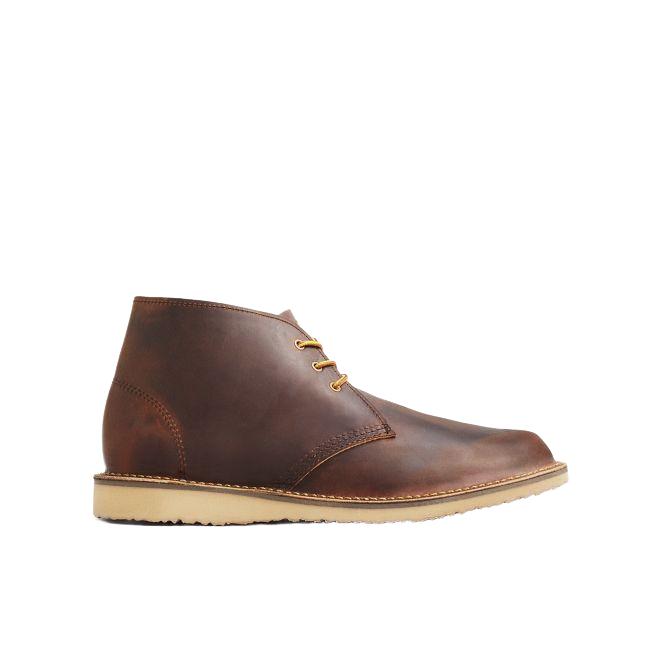 Red Wing Weekender Chukka boot in Copper Rough & Tough leather with a white crepe sole and yellow laces.
