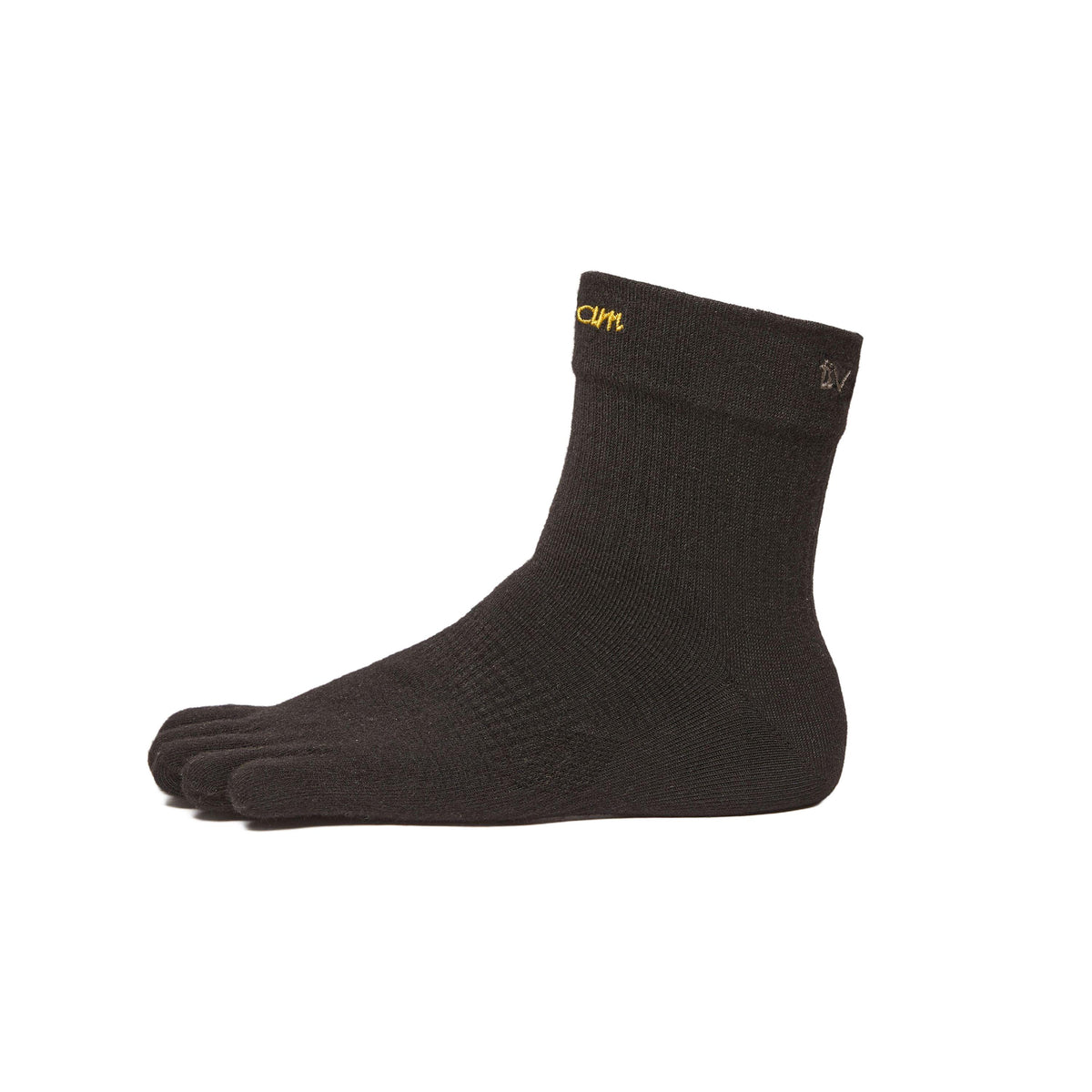 Black Vibram mini crew toe socks with yellow logo, featuring a moisture-wicking Coolmax stretch fabric design.