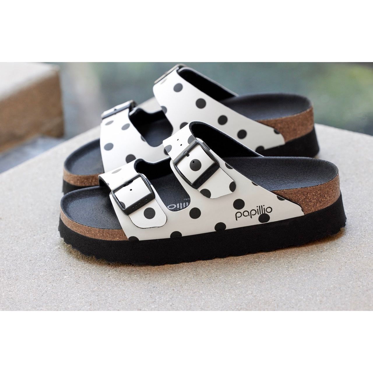 Birkenstock Arizona Platform Birko-Flor in White Black Dots Women's Footwear