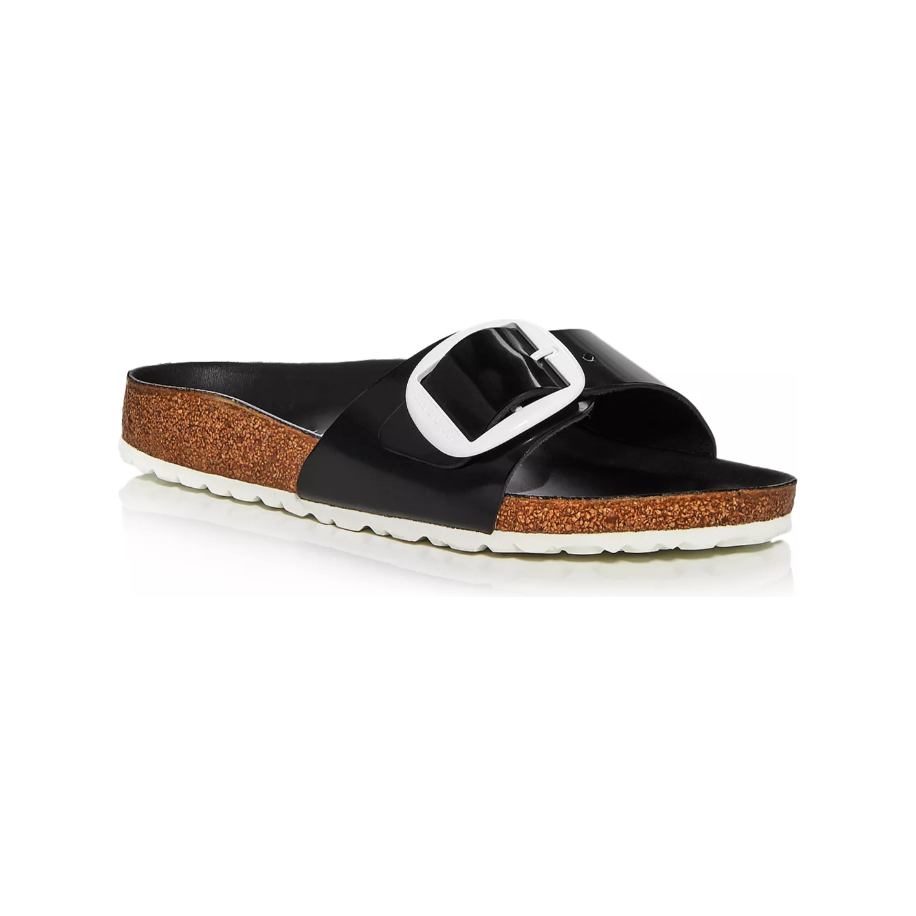 Birkenstock Madrid Big Buckle Natural Leather Patent in High Shine Black White Women's Footwear