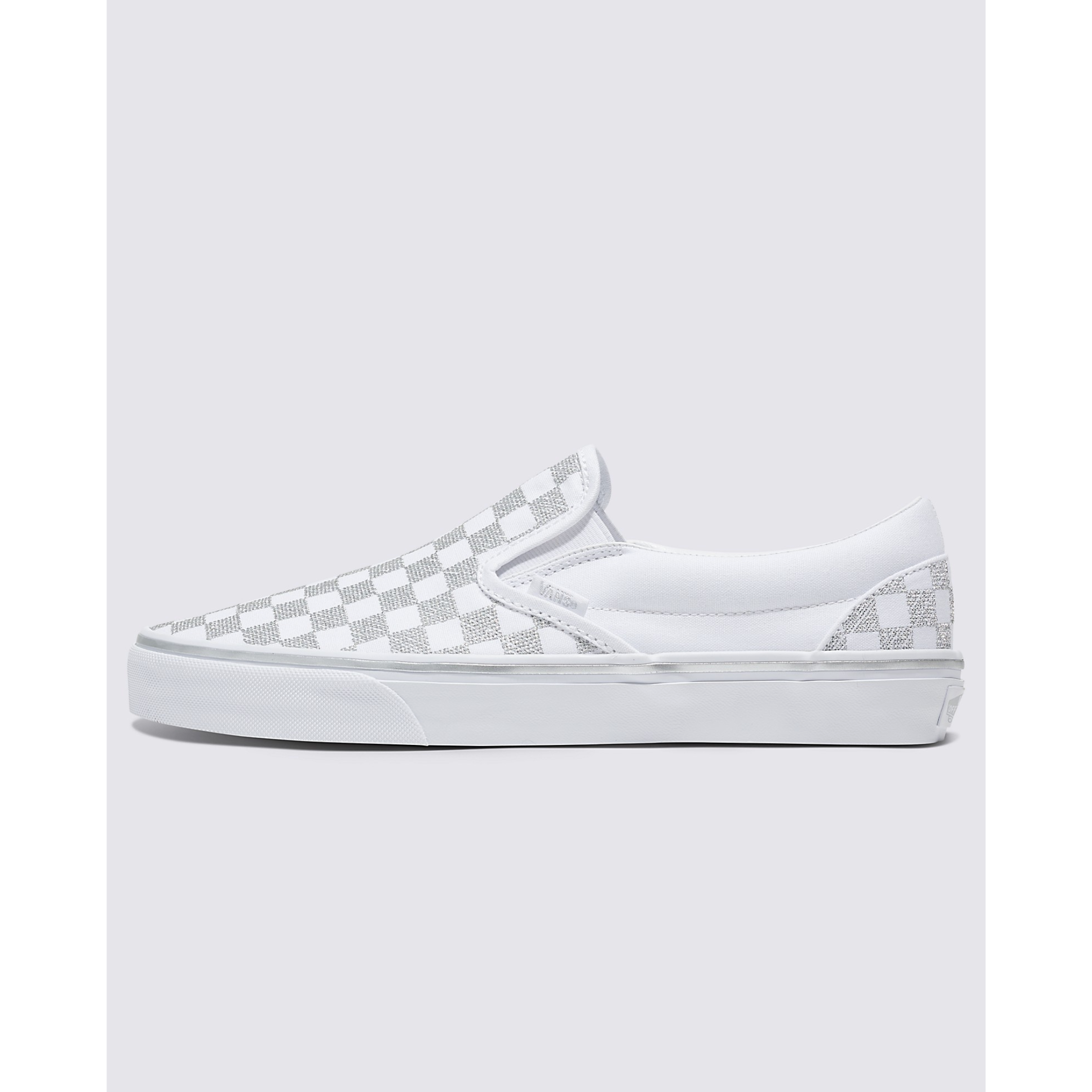 Vans Classic Slip-On Checkerboard Shoe in Metallic True White-Footprint USA