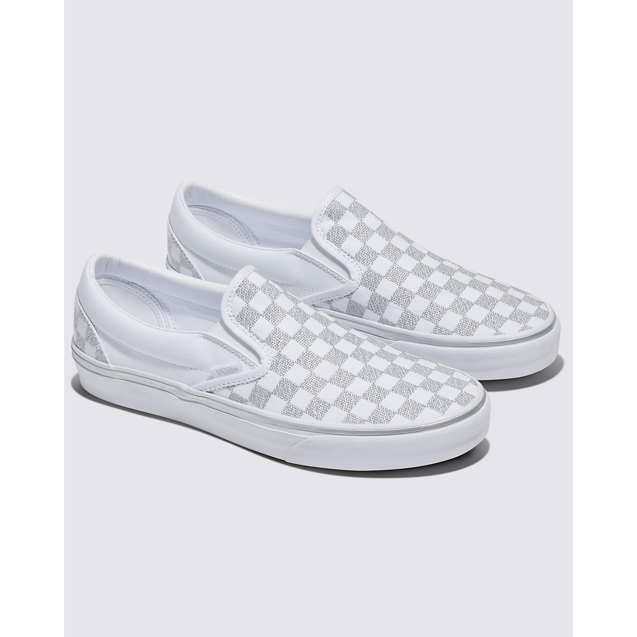 Vans Classic Slip-On Checkerboard Shoe in Metallic True White-Footprint USA