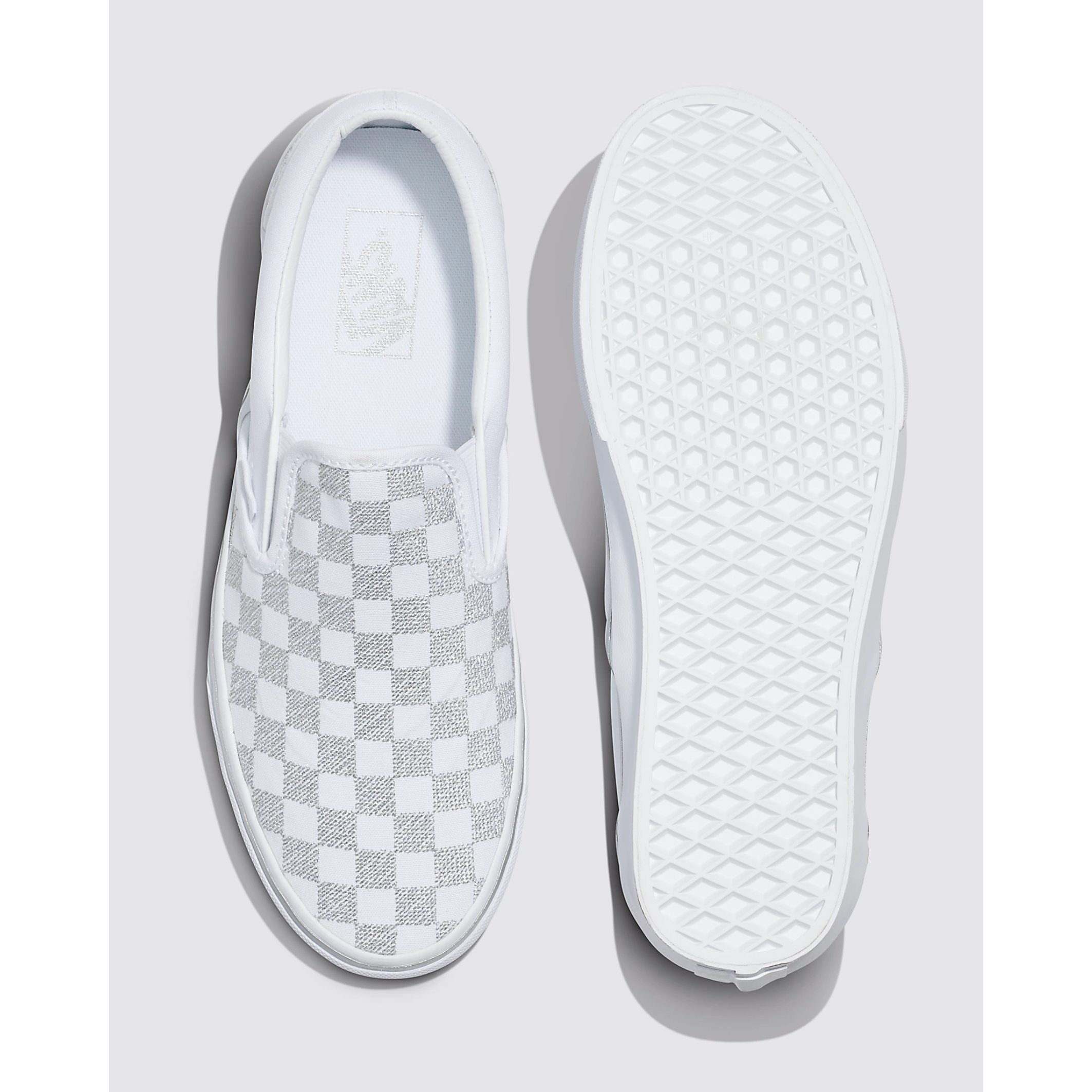 Vans Classic Slip-On Checkerboard Shoe in Metallic True White-Footprint USA