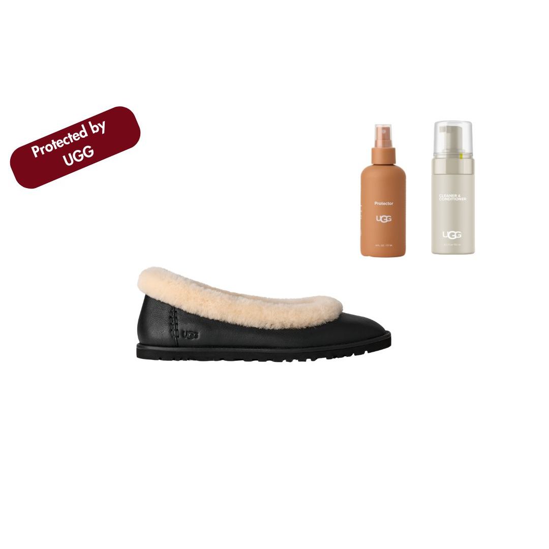 UGG Women's Zora Leather Ballet Flat in Black Bundled with UGG Care Kit