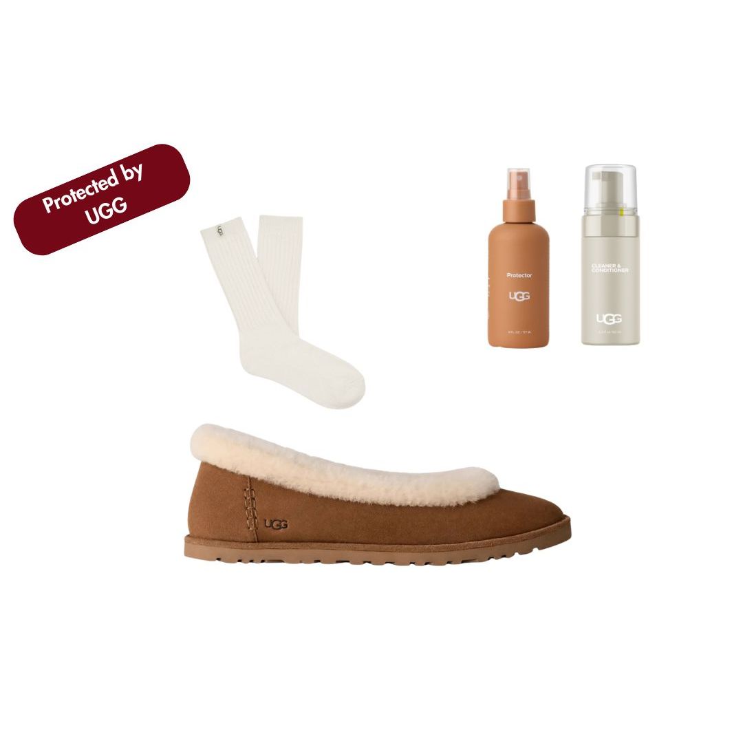 UGG Women's Zora Ballet Flat in Chestnut Bundled with Care Kit + Socks