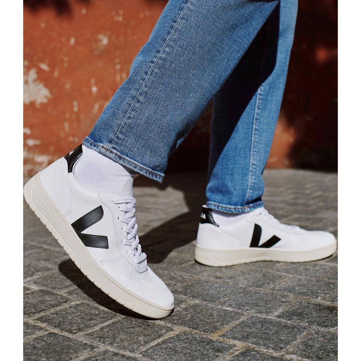 Veja Men's V-10 Leather Sneaker in White Black Men's Footwear