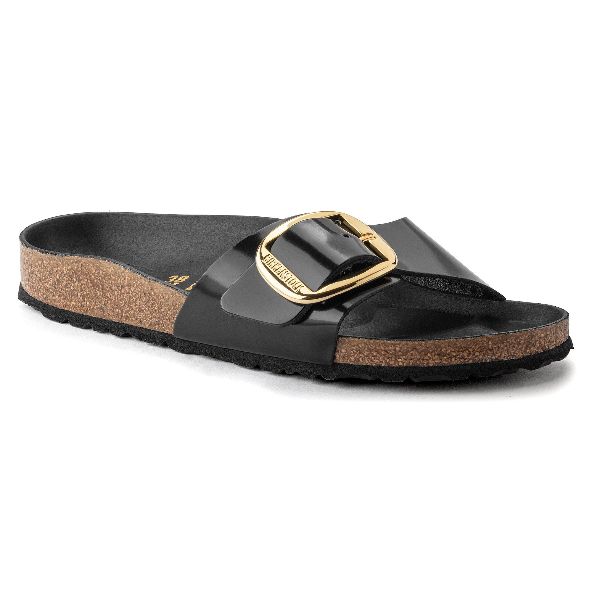 Birkenstock Madrid Big Buckle Natural Leather Patent in High Shine Black Women's Footwear