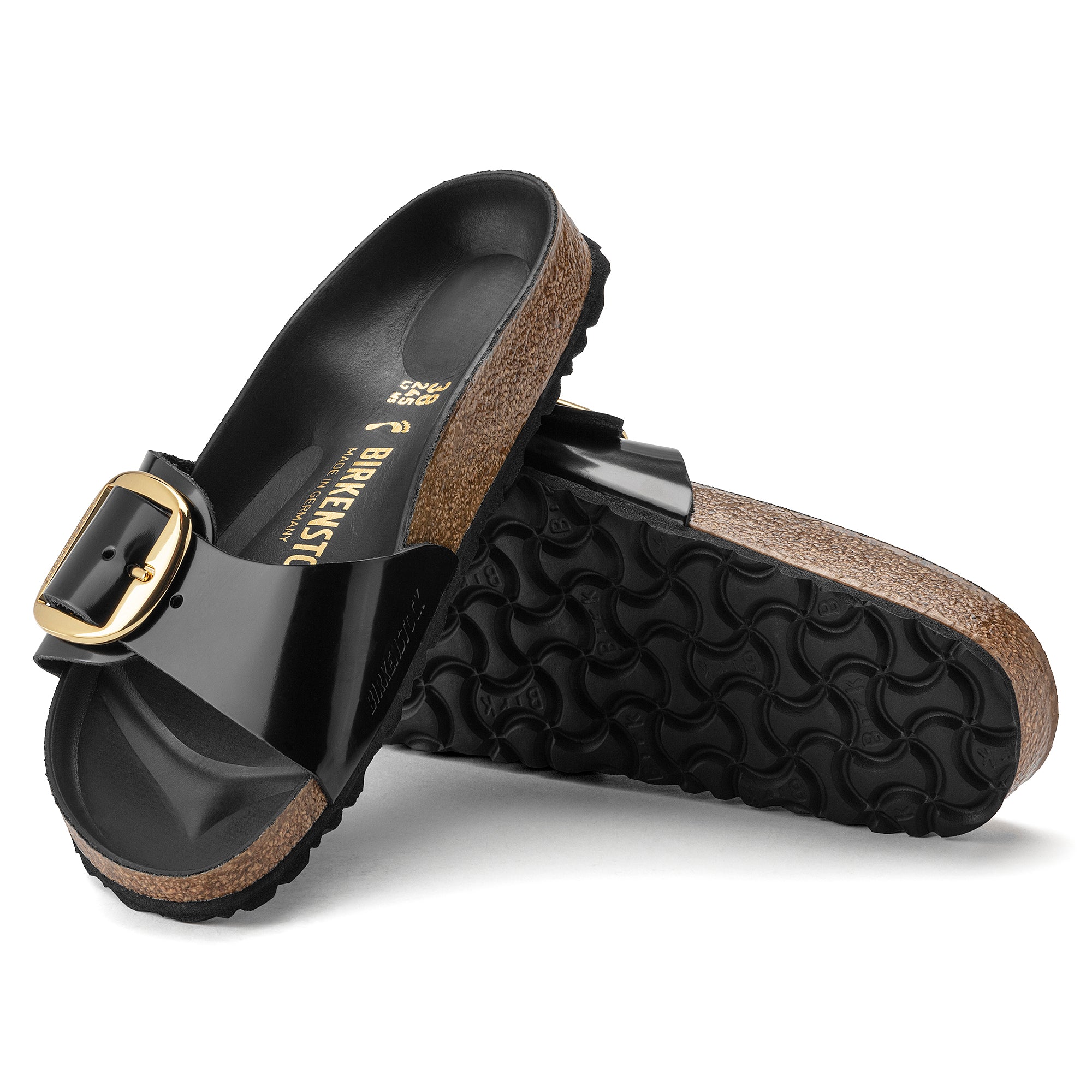 Birkenstock Madrid Big Buckle Natural Leather Patent in High Shine Black Women's Footwear