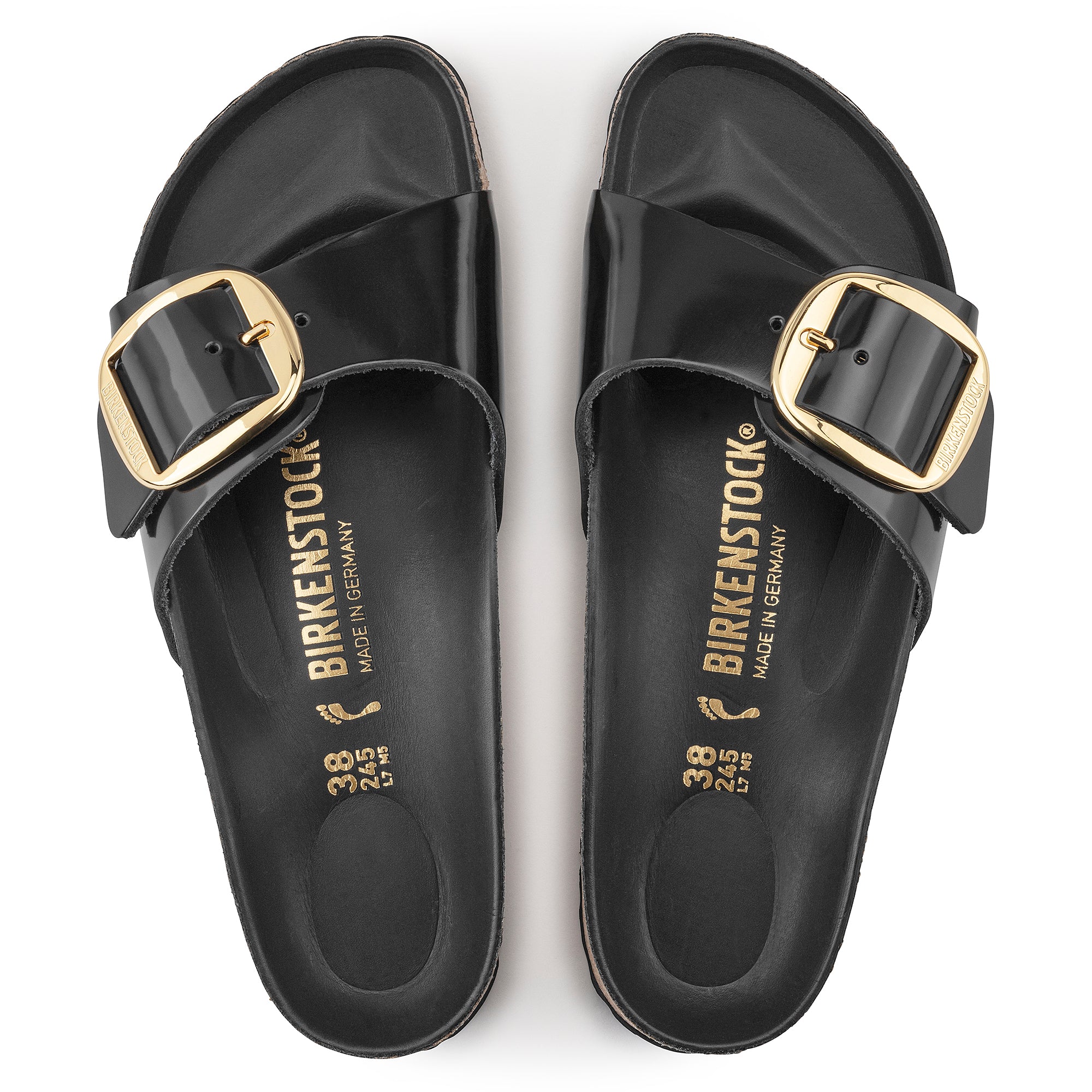 Birkenstock Madrid Big Buckle Natural Leather Patent in High Shine Black Women's Footwear