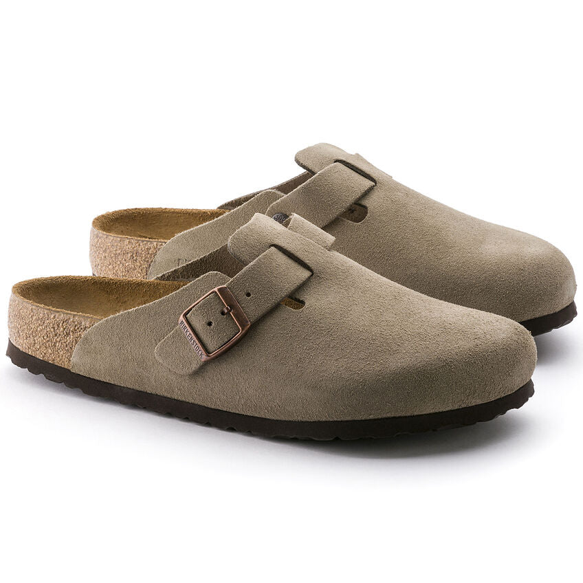 Birkenstock Boston Suede Leather Soft Footbed Clog in Taupe Unisex Footwear
