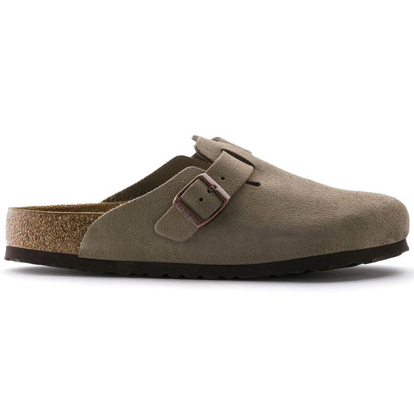 Birkenstock Boston Suede Leather Soft Footbed Clog in Taupe Unisex Footwear