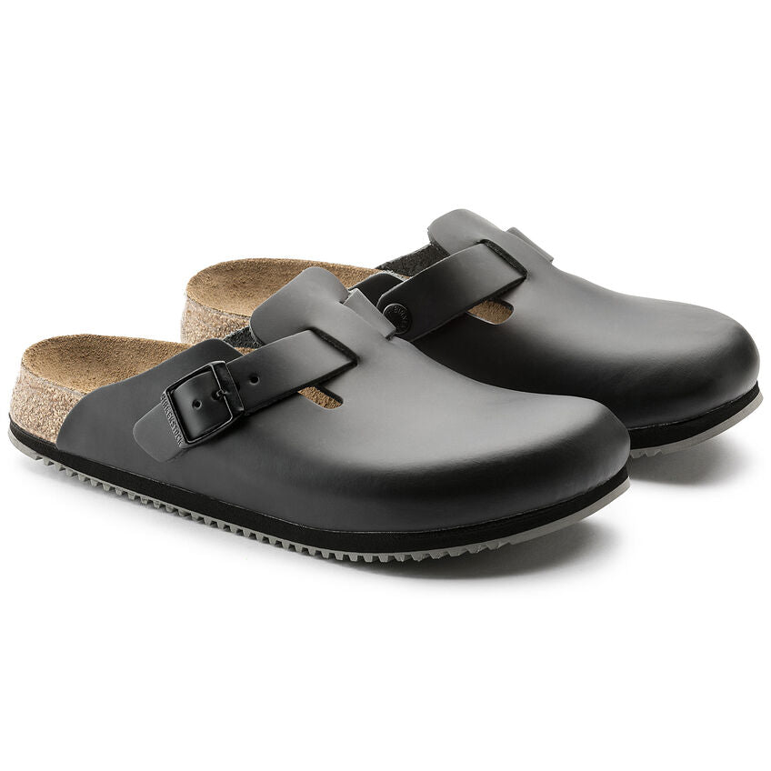 Birkenstock Boston Leather Super Grip Classic Footbed Clog in Black Men's Footwear