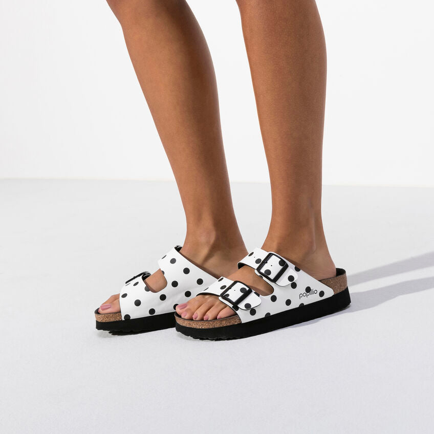 Birkenstock Arizona Platform Birko-Flor in White Black Dots  Women's Footwear