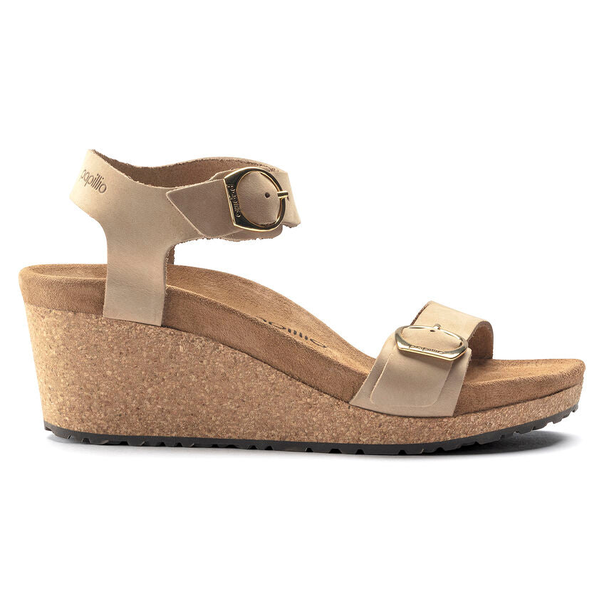 Birkenstock Soley Ring-Buckle Nubuck Leather Wedge Sandal in Sandcastle  Women's Footwear