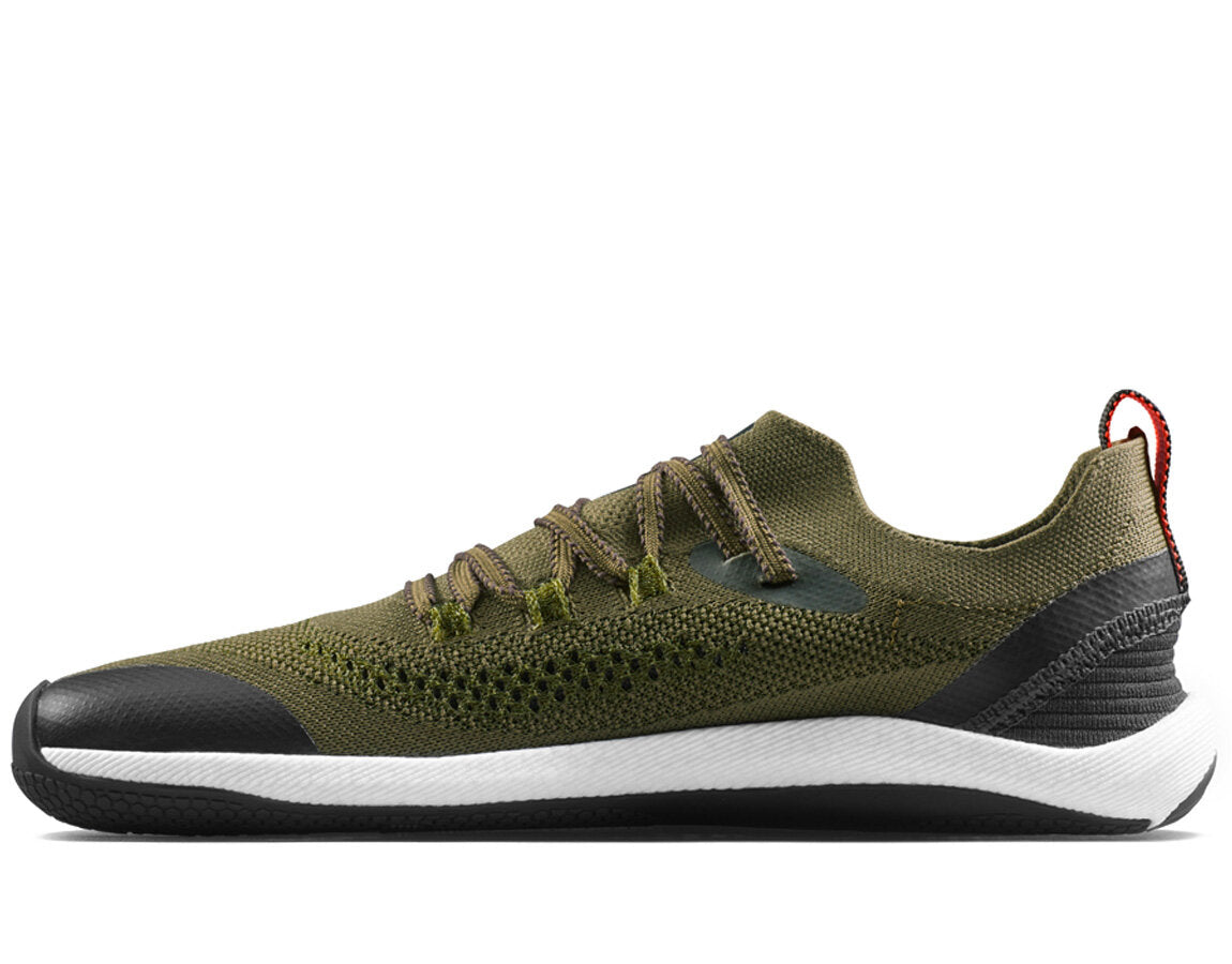 Olive green Vivobarefoot Primus Flow Knit barefoot running shoe with a breathable knit upper and thin, flexible sole.