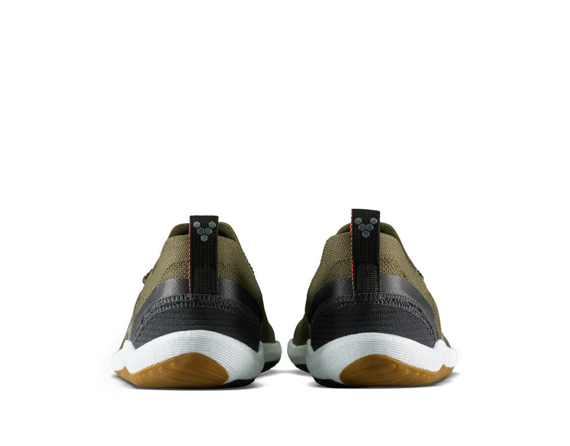 Back view of olive green Vivobarefoot Primus Flow Knit barefoot running shoes with thin, flexible gum rubber soles.