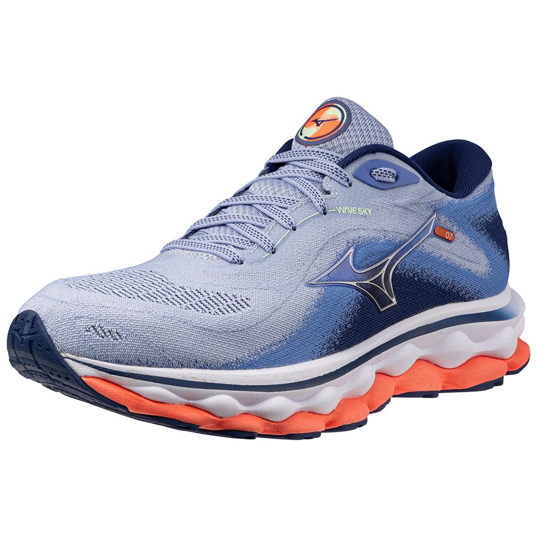 Mizuno Women's Wave Sky 7 Running Shoe in Blue Heron Silver  Women's Footwear