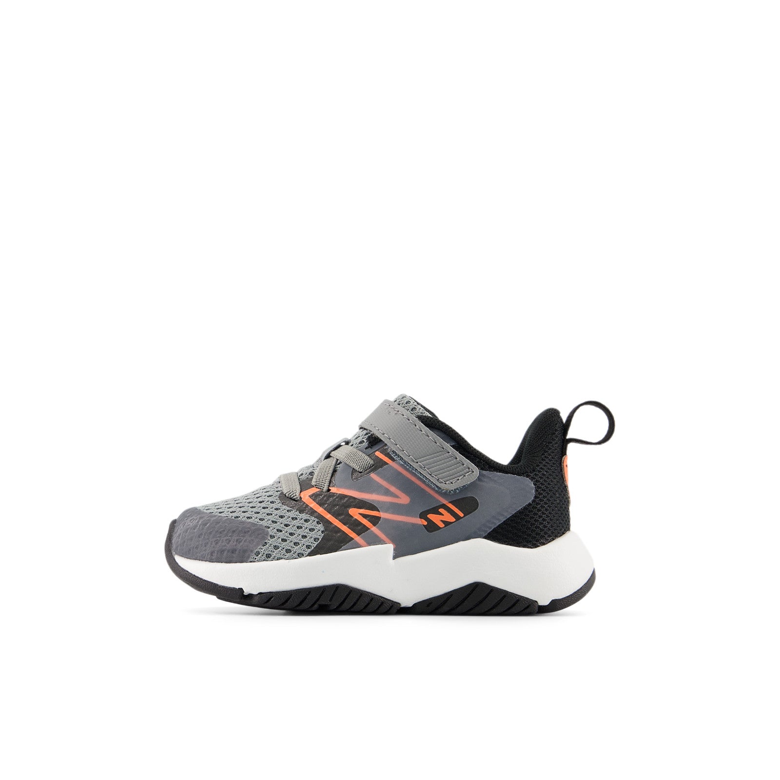 New Balance Kid's Rave Run v2 Bungee Lace with Top Strap in Slate Grey with Black and Tangerine Heat
