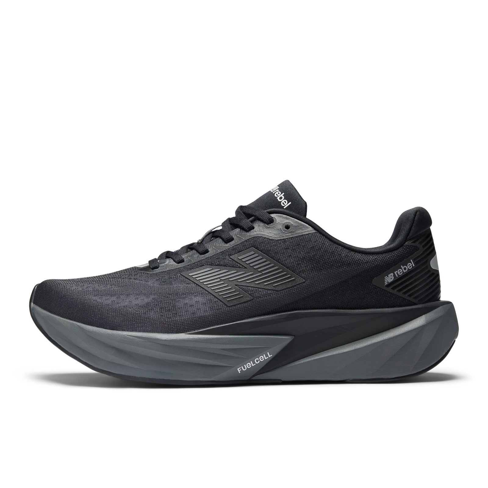 New Balance Men's FuelCell Rebel v5 in Black with Castlerock and Silver Metallic