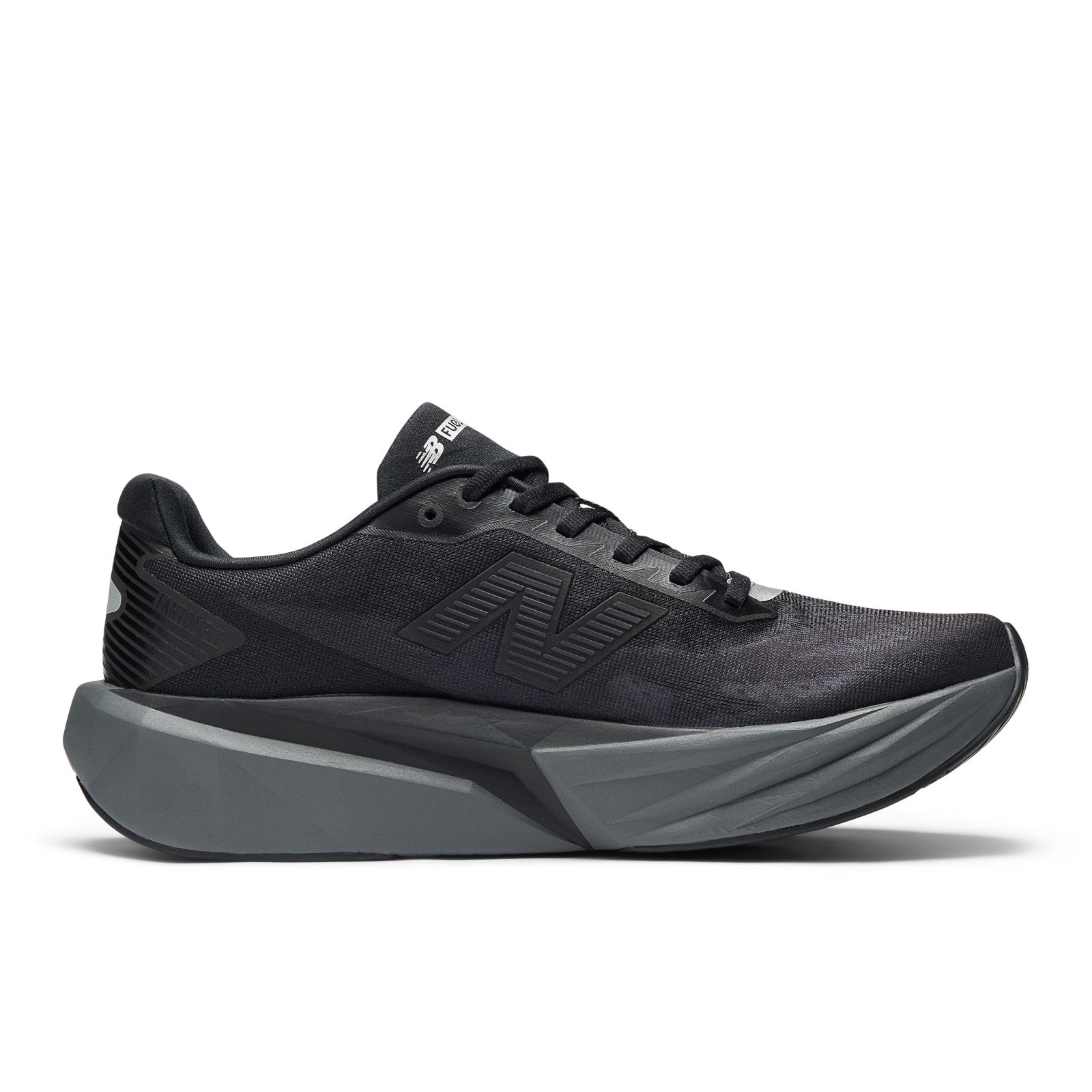 New Balance Men's FuelCell Rebel v5 in Black with Castlerock and Silver Metallic