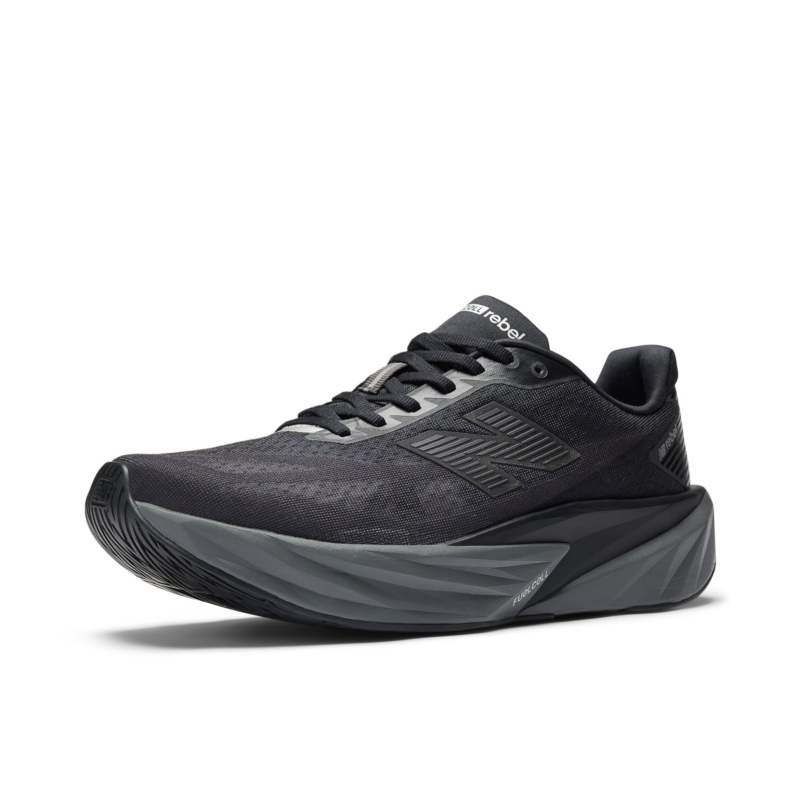 New Balance Men's FuelCell Rebel v5 in Black with Castlerock and Silver Metallic