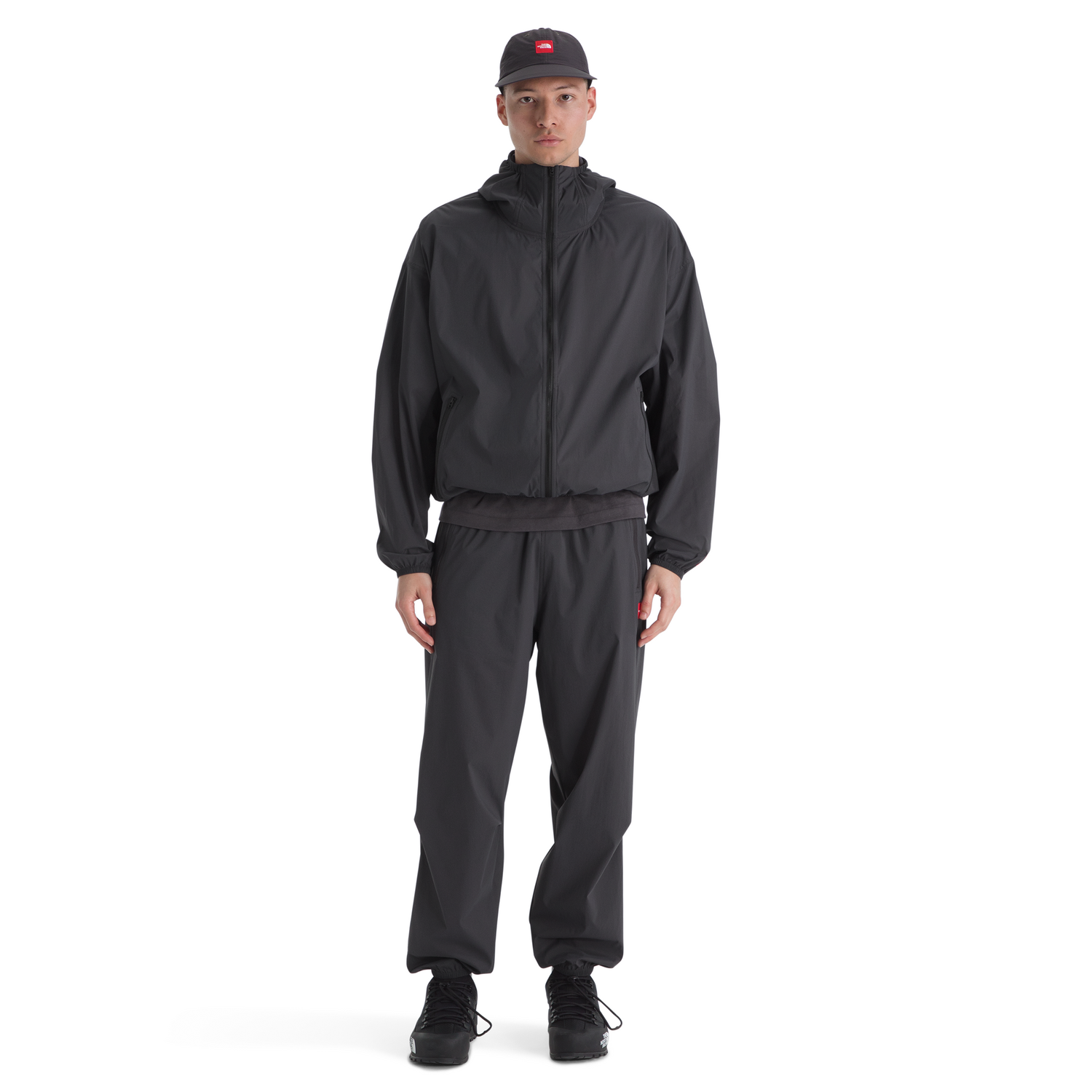 The North Face Men's Red Box Packable Hooded Wind Jacket in Obsidian