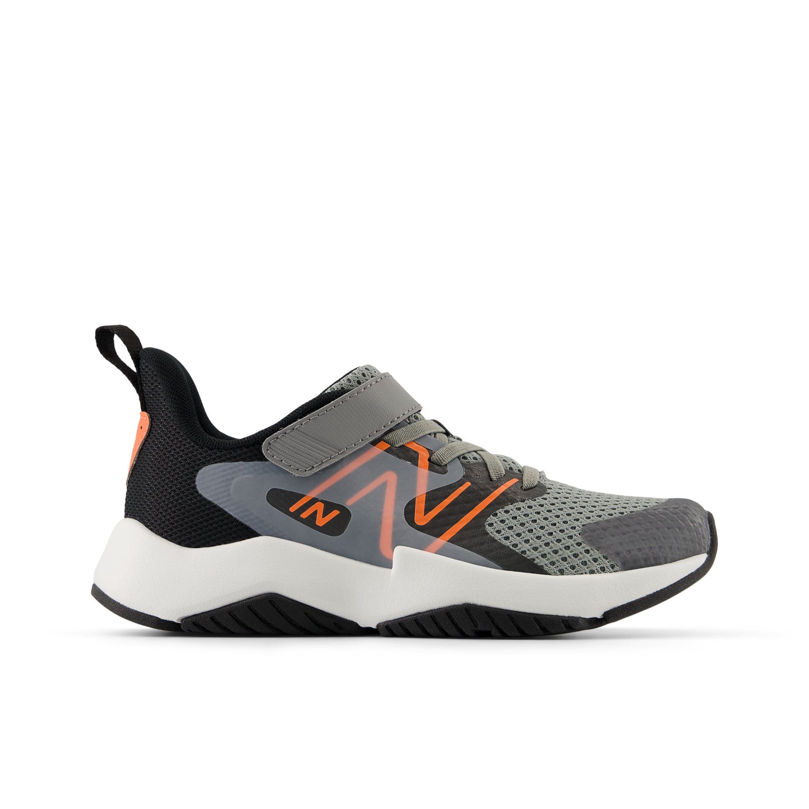 New Balance Kid's Rave Run v2 Bungee Lace with Top Strap in Slate Grey with Black and Tangerine Heat