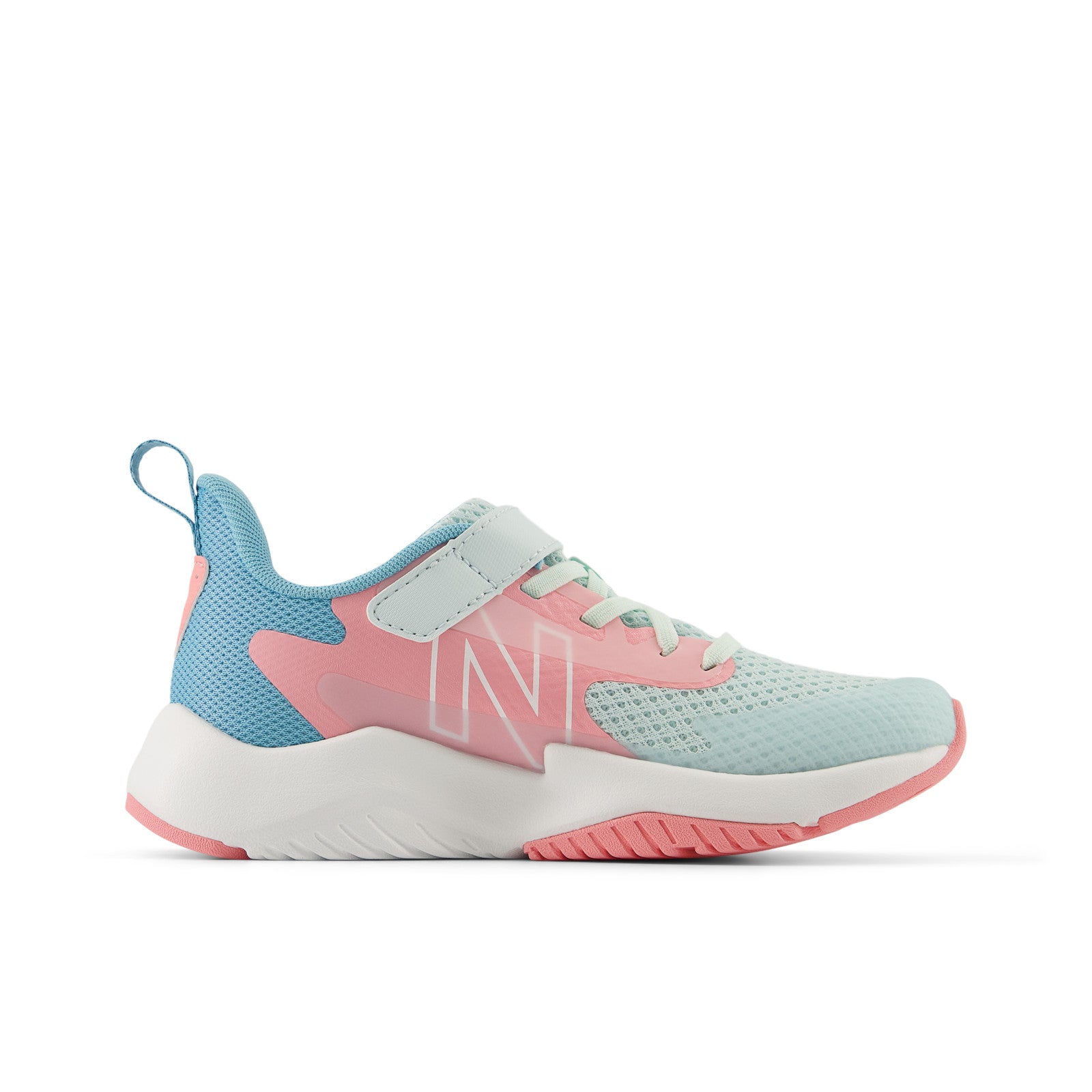 New Balance Kid's Rave Run v2 Bungee Lace with Top Strap in Glint Blue with Double Bubble and Taffy Blue