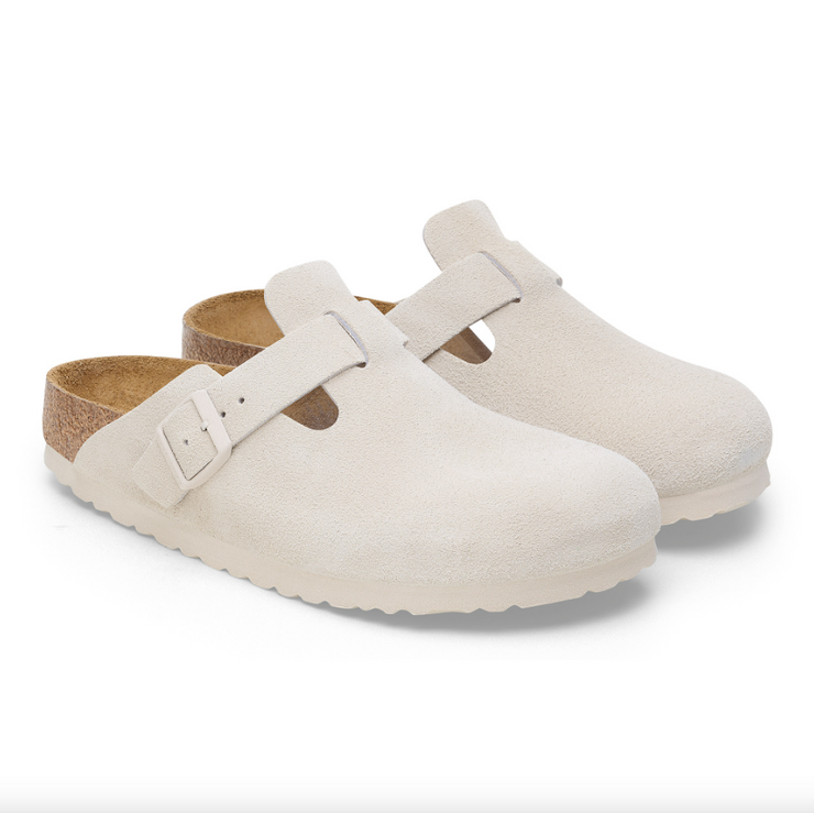 Birkenstock Boston Suede Leather Soft Footbed Clog in Antique White
