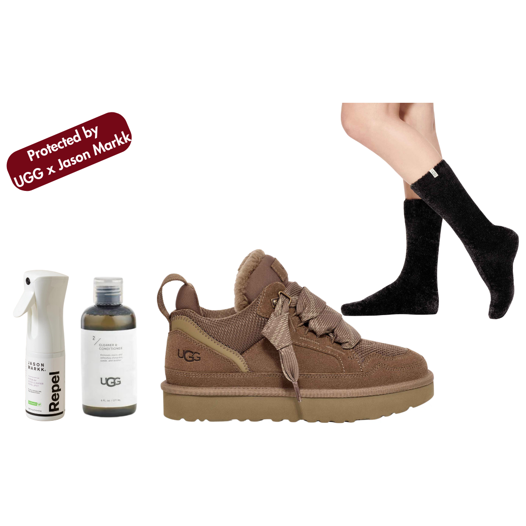 UGG Women's Lowmel Sneaker Hickory Bundle Includes Jason Markk Repel + UGG Clean & Conditioner + UGG Leda Cozy Sock