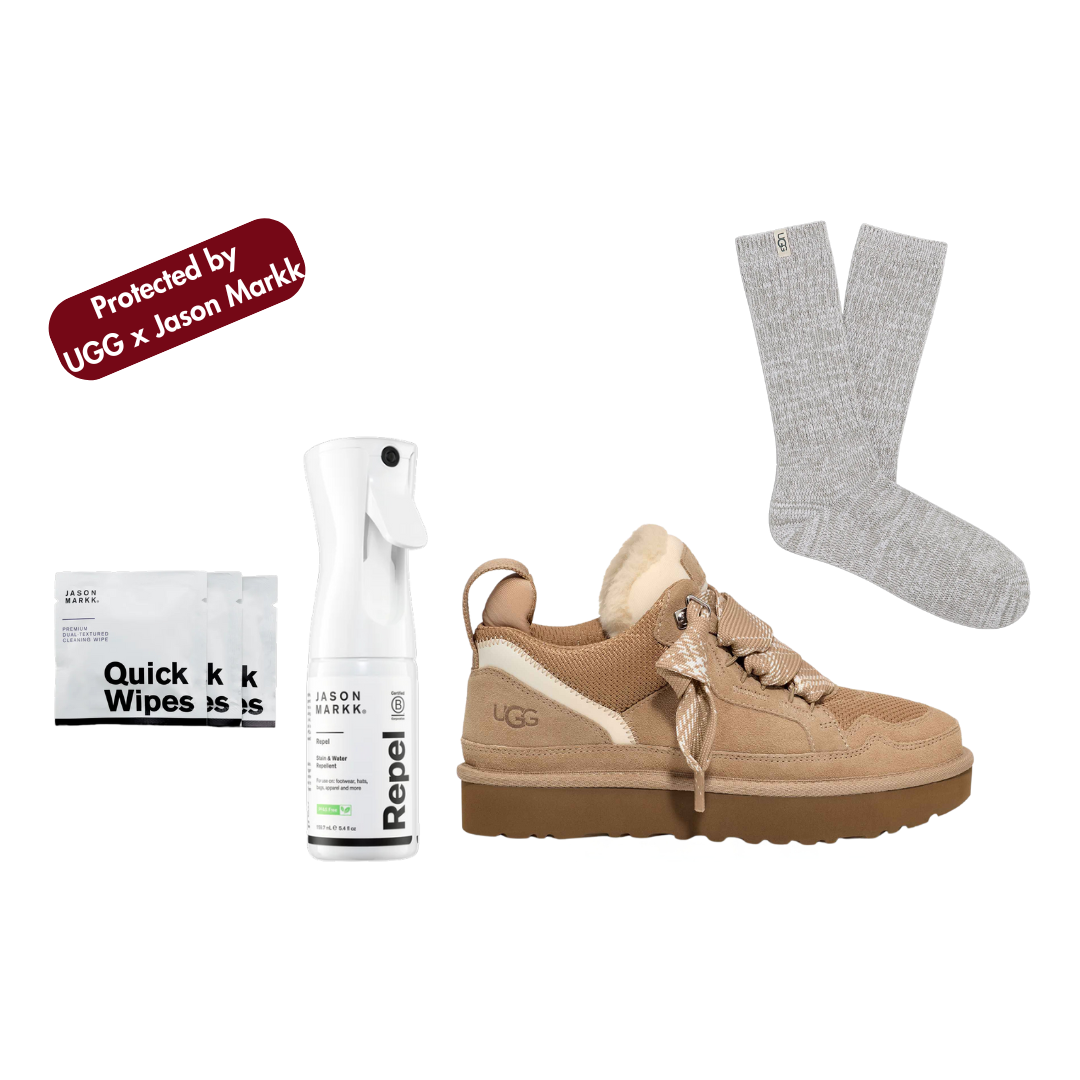 UGG Women's Lowmel Sneaker Sand Bundle with Jason Markk Repel, Quickwipes 3-Pack and Rib Knit Slouchy Crew Socks