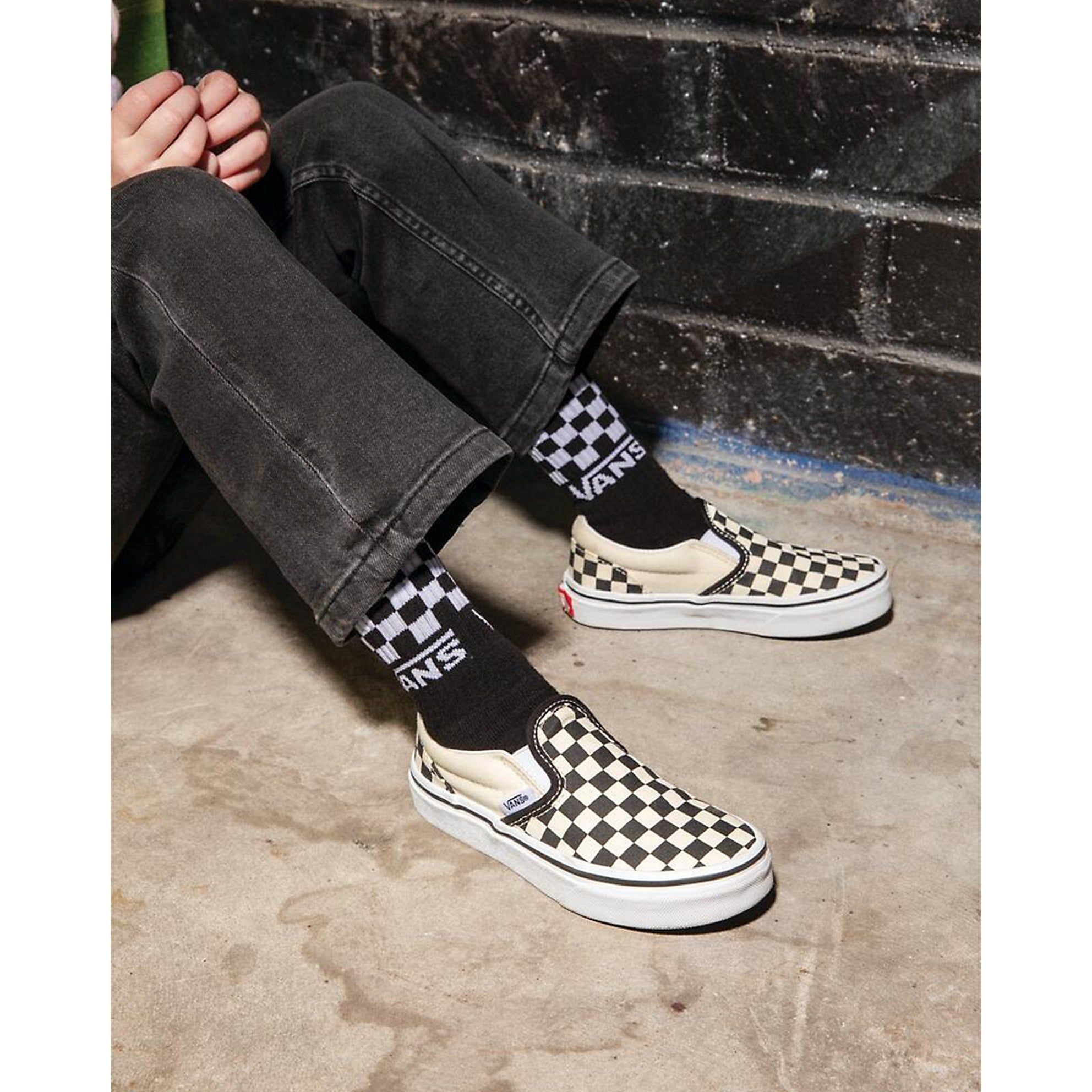 Vans Classic Slip On Checkerboard Kids Shoes Black White 12