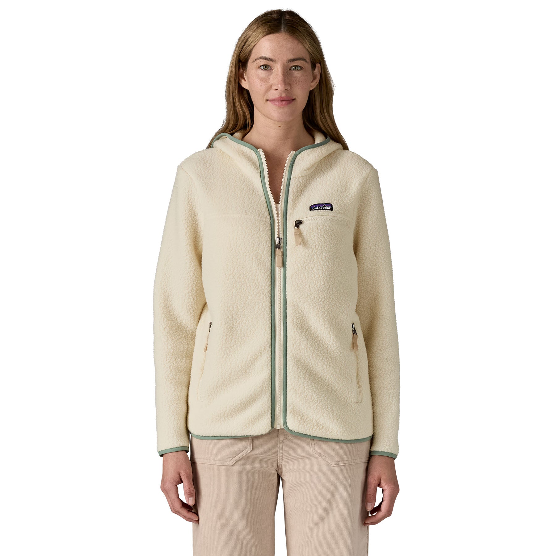 Patagonia Women's Retro Pile Fleece Hoody in Natural w/ Ellwood Green