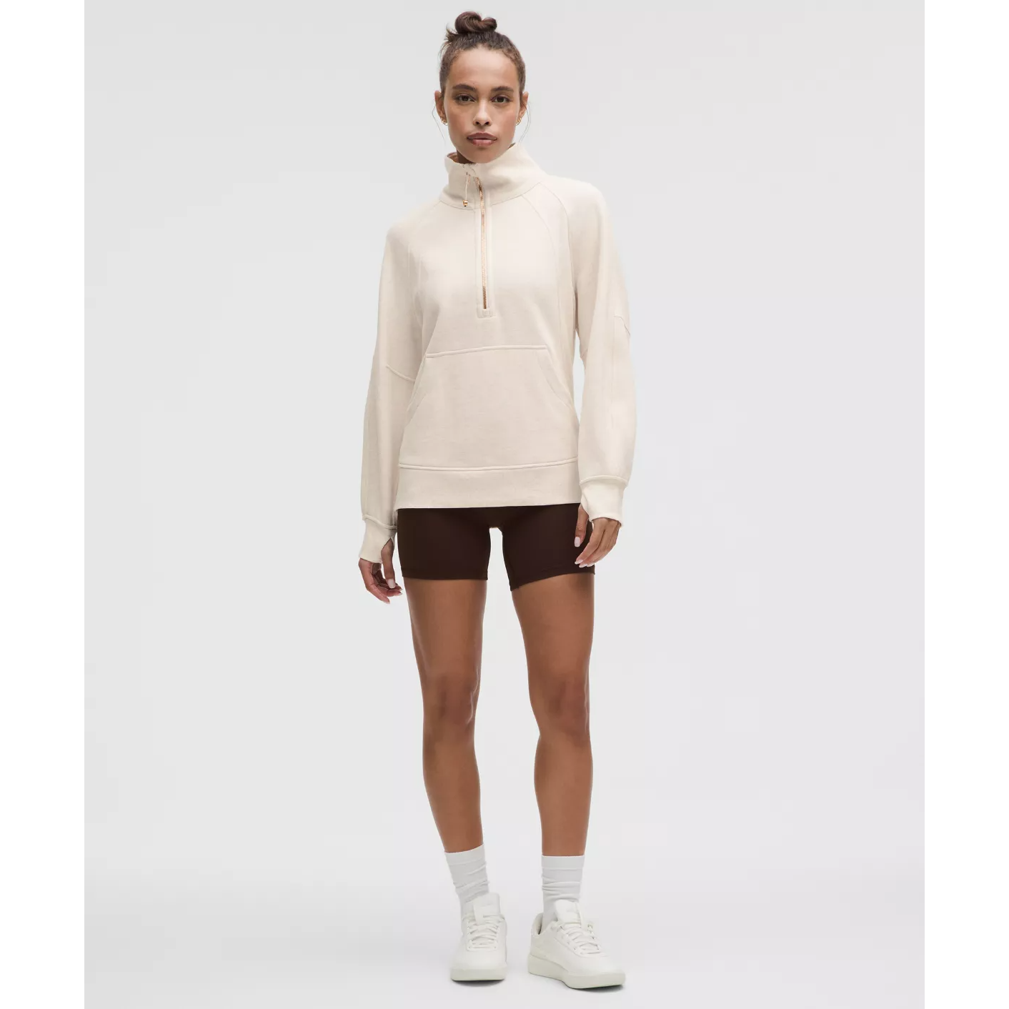 Lululemon Women's Scuba Oversized Funnel-Neck Half Zip Long in Heathered Light Ivory/Gold