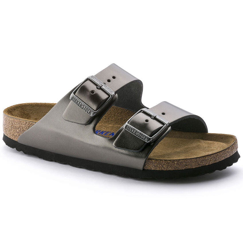 Birkenstock Arizona Natural Leather Soft Footbed in Metallic Anthracite  Women's Footwear