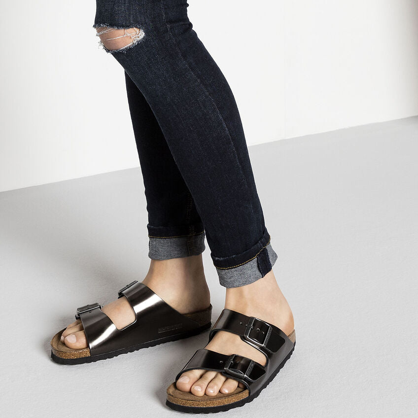 Birkenstock Arizona Natural Leather Soft Footbed in Metallic Anthracite  Women's Footwear