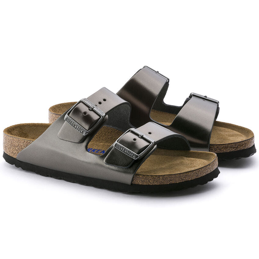 Birkenstock Arizona Natural Leather Soft Footbed in Metallic Anthracite  Women's Footwear