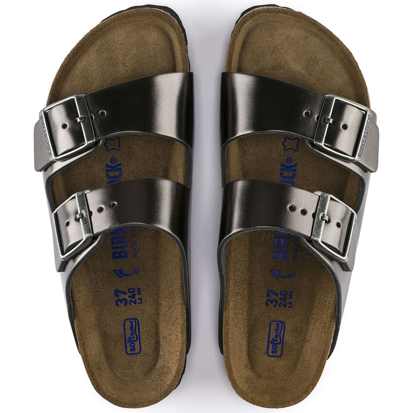 Birkenstock Arizona Natural Leather Soft Footbed in Metallic Anthracite  Women's Footwear