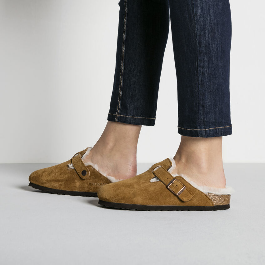 Birkenstock Boston Shearling Suede Leather Clog in Mink  Women's Footwear