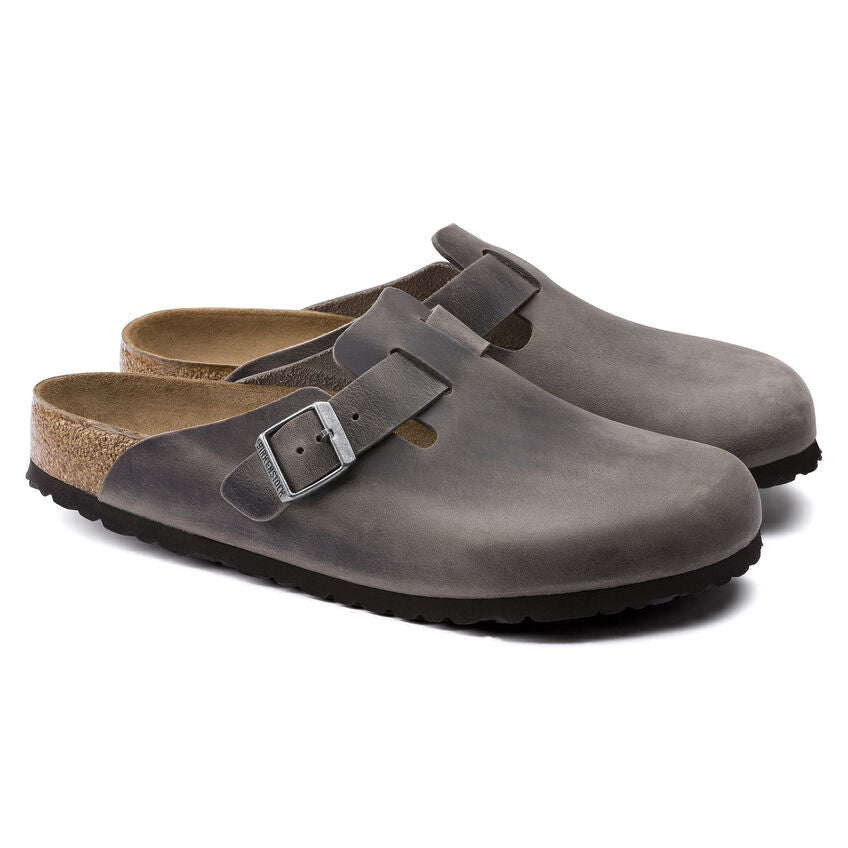 Birkenstock Boston Oiled Leather Soft Footbed Clog in Iron  Men's Footwear