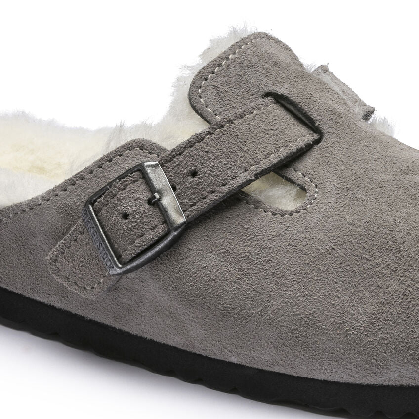 Birkenstock Boston Shearling Suede Leather Clog in Stone Coin  Women's Footwear