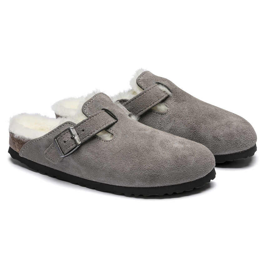 Birkenstock Boston Shearling Suede Leather Clog in Stone Coin  Women's Footwear