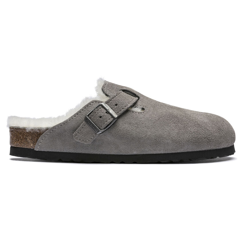 Birkenstock Boston Shearling Suede Leather Clog in Stone Coin  Women's Footwear